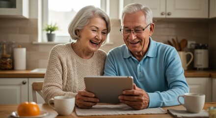 Elderly couple sit at a sunlit kitchen table, laughing as they share a tablet; mugs, a newspaper and an orange sit nearby, conveying warmth, connection and relaxed morning routine. Soft warm light on