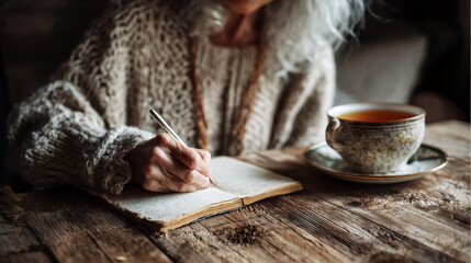 An elderly woman with gray hair sits at a wooden table, sipping tea from a delicate cup. She writes her memories in a notebook, capturing moments from her life in a warm, inviting space