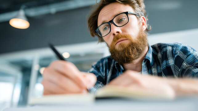A middle-aged Caucasian man wearing glasses focuses on writing business notes in a notebook. The setting is a modern office, creating a productive atmosphere