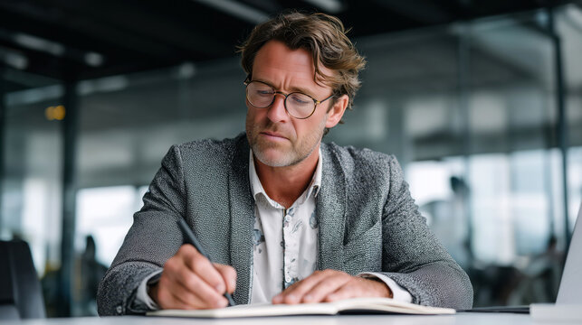 A middle-aged man with glasses is focused on writing business notes in a notebook. He sits at a desk in a contemporary office environment, likely during the workday