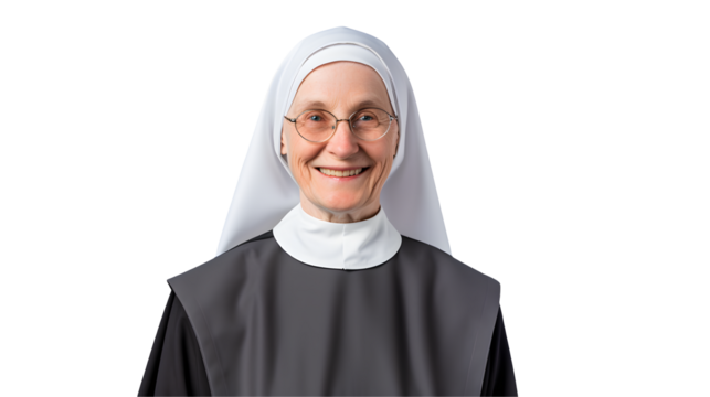 Portrait of a smiling nun with glasses and a white habit