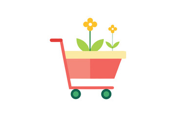 Conceptual shopping cart with flowers and leaves for environmentally friendly shopping