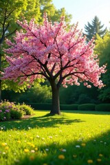 Naklejka premium A majestic pink blossom tree stands in a vibrant green lawn, bathed in sunlight, surrounded by lush greenery and wildflowers.