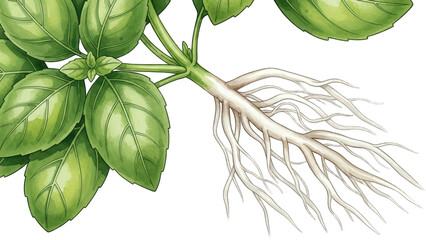basil plant's root system with vibrant green leaves above.