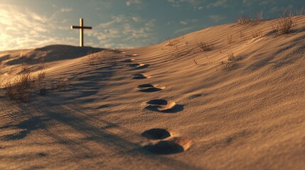 Footprints on desert leading to a wooden cross with cloudy sky above, concept for faith journey, religious symbol and spiritual path