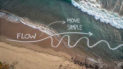Flow and Move Simple Motivational Message Drawn on Sandy Beach with Waves and Water in Background at a Coastal Shoreline