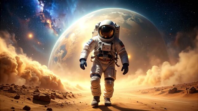 Dramatic slow-motion shot of an astronaut standing on a rocky alien planet looking at a distant, glowing nebula.