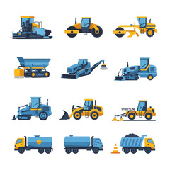 Collection of construction vehicles and heavy machinery for road building and maintenance.