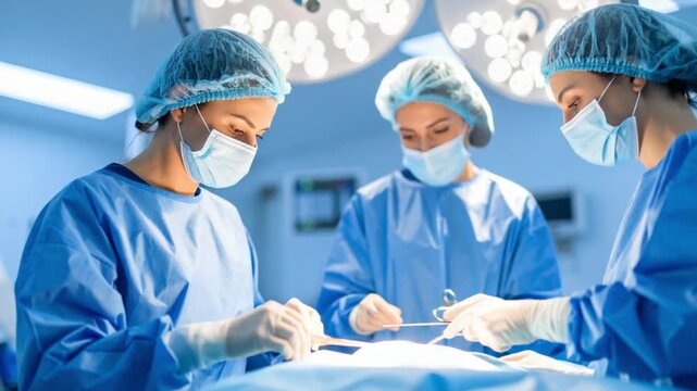 Diverse team of surgeons performing a complex medical procedure in a brightly lit, modern operating room.