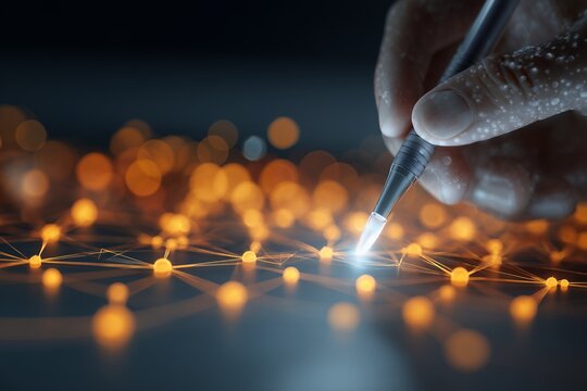 Close-up of a hand drawing on a glowing network of interconnected nodes, orange bokeh background, concept for data analysis, digital connectivity and artificial intelligence