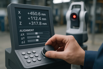 Laser tracker in industry measures precise alignment with digital control for accurate positioning and adjustment in manufacturing processes