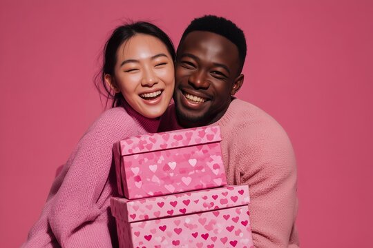 Joyful diverse couple embracing with pink heart-patterned gift boxes on pink background, concept for Valentine's Day marketing, love-themed promotions and celebratory gift ideas