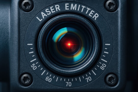 Laser emitter lens with red light glowing inside tracker device used in industry for precise measurement and positioning tasks - Powered by Adobe