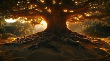 Tree Root System with Sunlight Glow at Golden Hour