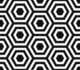 Seamless geometric pattern of black and white optical lines and hexagonal shapes