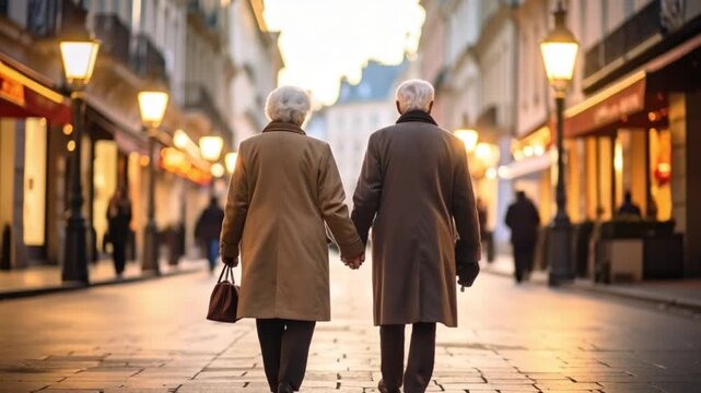 Elderly couple walking together at city 