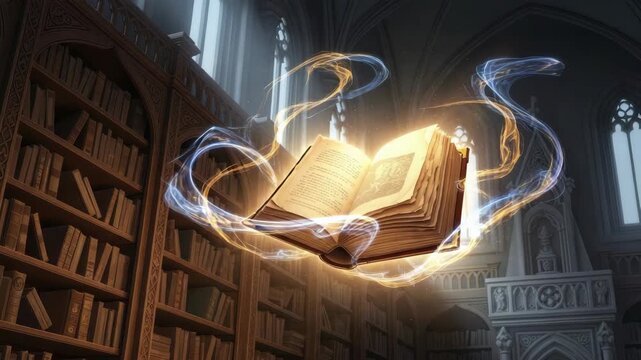 ancient glowing open book floats magically surrounded by swirling blue and golden energy within vast ornate library Tall wooden bookshelves brim with texts and light filters through gothic windows