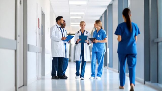 Diverse team of medical researchers or doctors walking through a modern hospital hallway discussing patient charts.