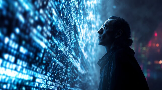 Man wearing glasses looking at a wall of glowing digital data and city lights, concept for data analysis, information technology and cyber security