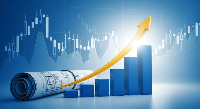 Financial growth chart with upward trending arrow and blueprint for business success and investment strategy on a blue background showing positive market trends