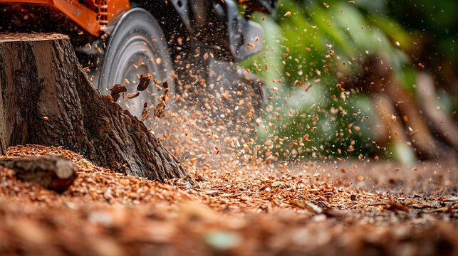 A chainsaw cutting into a tree trunk with woodchips flying through the air in natural outdoor light, concept for forestry work, landscape maintenance and environmental management