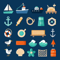 Nautical adventures await with this vibrant collection of sailing and ocean-themed icons perfect for summer designs and vacation promotions or coastal branding

