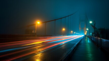 Fototapeta premium Golden Gate Bridge illuminated at night with light trails from passing traffic in San Francisco. Concept for travel, transportation, and urban exploration