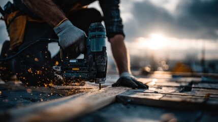 Worker Using Pneumatic Nail Gun to Secure Tile on Construction Site