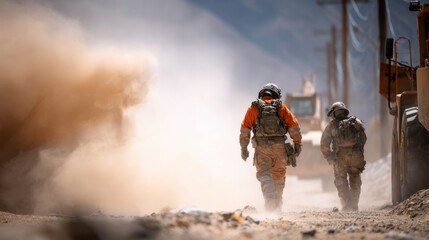 Workers in Safety Gear Traversing Dusty Desert Environment