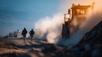 Workers in Safety Gear Traversing Dusty Desert Terrain at Sunset
