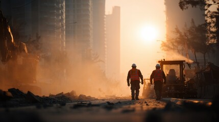 Safety Workers in Helmets and Vests on Construction Site at Sunset