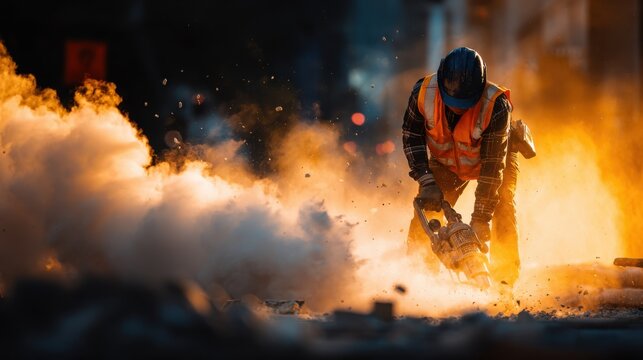 Construction Worker with Jackhammer on Urban Pavement at Sunset