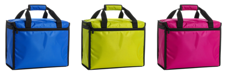 group of insulated food delivery bag in three colors isolated on white background