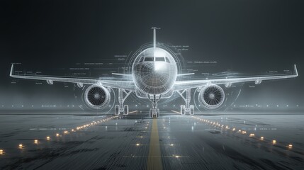 Detailed wireframe rendering of a passenger airplane on a runway, showcasing meticulous engineering and design, concept for aircraft development, aviation industry analysis and transportation