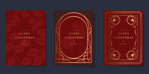 Christmas and Happy Holidays card vector set. Luxury gold victorian frame, tulip flower, leaves silhouette on red background. Design illustration for poster, cover, invitation, ads.