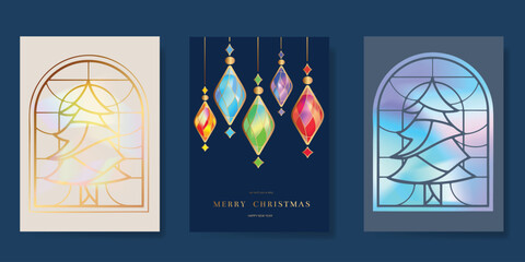 Christmas and Happy Holidays card vector set. Glasswork decorative, gothic stained glass and christmas ornament on beige, navy blue and gray background. Design illustration for poster, cover, ads.