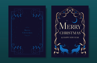 Christmas and Happy Holidays card vector set. Luxury gold victorian frame, reindeer, leaves branch on navy blue background. Design illustration for poster, cover, invitation, ads.