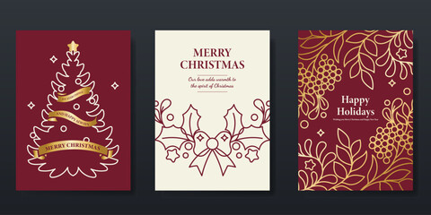 Christmas and Happy Holidays card vector set. Christmas tree, holly leaves, ribbon in line art on red and beige background. Design illustration for poster, cover, product, ads.
