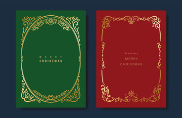 Christmas and Happy Holidays card vector set. Luxury gold victorian frame, leaves branch, snowflake on green and red background. Design illustration for poster, cover, invitation, ads.