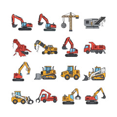 Collection of construction vehicles and heavy machinery illustrations.