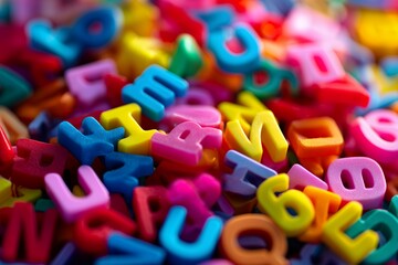 Fototapeta premium Close-up of a pile of colorful plastic alphabet letters of different shapes and sizes, concept for early education, creative spelling games and learning language