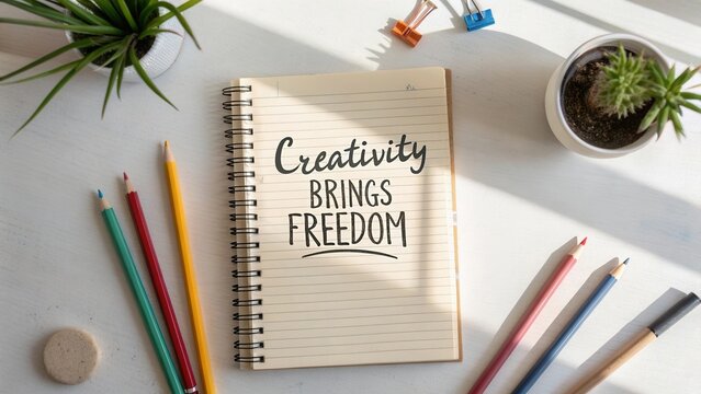 Open notebook with the phrase 'Creativity Brings Freedom' surrounded by colorful pencils and plants on a bright background
