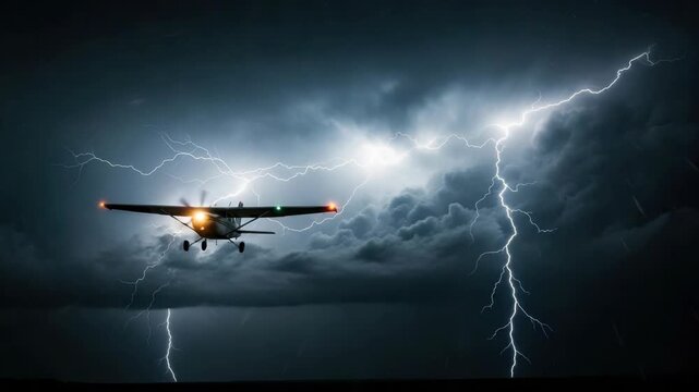small propeller aircraft flies through dramatic dark storm its landing light glowing brightly Intense lightning bolts illuminate the heavy turbulent clouds powerful and perilous scene