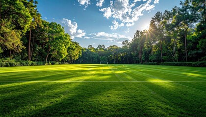 Sun Drenched Green Lawn Surrounded by Lush Trees and Bright Blue Sky in Summer Season Tranquil Landscape