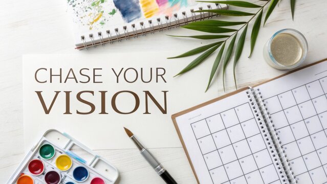Chase Your Vision with Creative Supplies, Watercolors, Calendar, and Inspirational Quote on a Bright Workspace