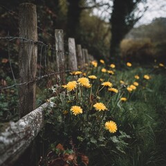 Vibrant dandelions along a rustic fence.