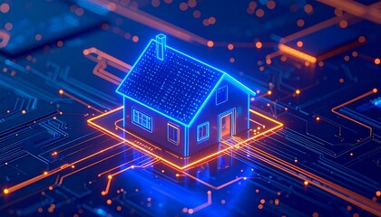 Smart home technology represented by glowing blue house icon on circuit board with orange light traces. Symbolizes connectivity, automation, innovation, and future of living in digital cyberspace.	
