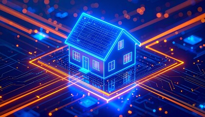 Smart home technology represented by glowing blue house icon on circuit board with orange light traces. Symbolizes connectivity, automation, innovation, and future of living in digital cyberspace.	
