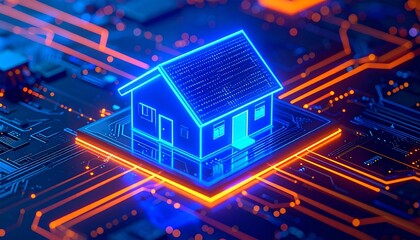 Smart home technology represented by glowing blue house icon on circuit board with orange light traces. Symbolizes connectivity, automation, innovation, and future of living in digital cyberspace.	
