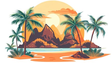 Cartoon summer beach vacation, Tropical Palm tree, ocean or sea seashore Paradise nature background ,Beautiful landscape with sunset on sea beach